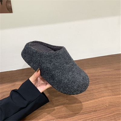 内增高5CM~包头加绒半拖鞋女外穿2025秋冬新款复古毛呢厚底勃肯鞋