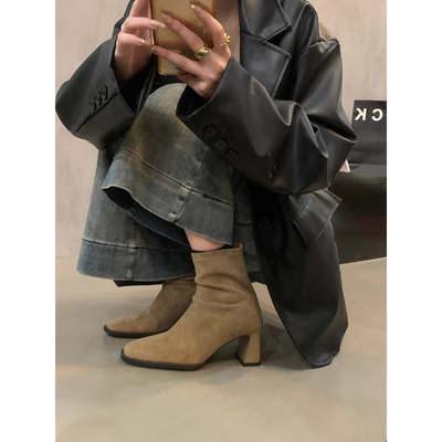 厚底马丁靴女2025秋季新款粗跟方头加绒短靴子韩系高跟瘦瘦小裸靴