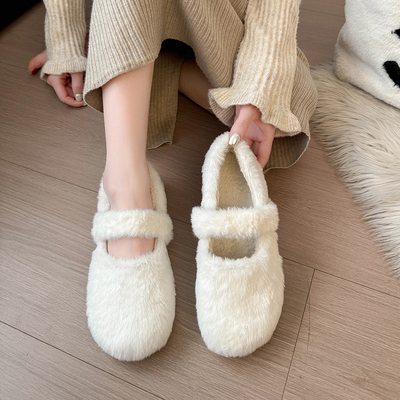 平底圆头可爱毛毛单鞋女鞋子外穿2025新款秋冬季加绒保暖豆豆棉鞋