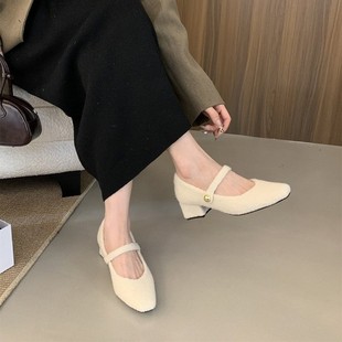 法式中高跟玛丽珍毛毛鞋女鞋子外穿2025秋冬季加绒方头单鞋晚晚鞋