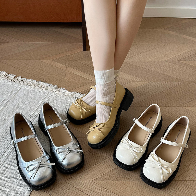 法式银色浅口蝴蝶结玛丽珍单鞋女2025春夏新款厚底配裙子jk小皮鞋