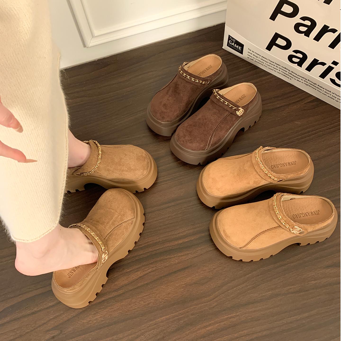 网红同款包头半拖鞋厚底增高勃肯鞋女外穿复古穆勒鞋懒人包头棉拖