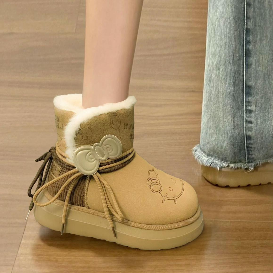 Kt猫雪地靴女冬季加绒加厚大棉鞋2024新款保暖短筒靴子小个子增高