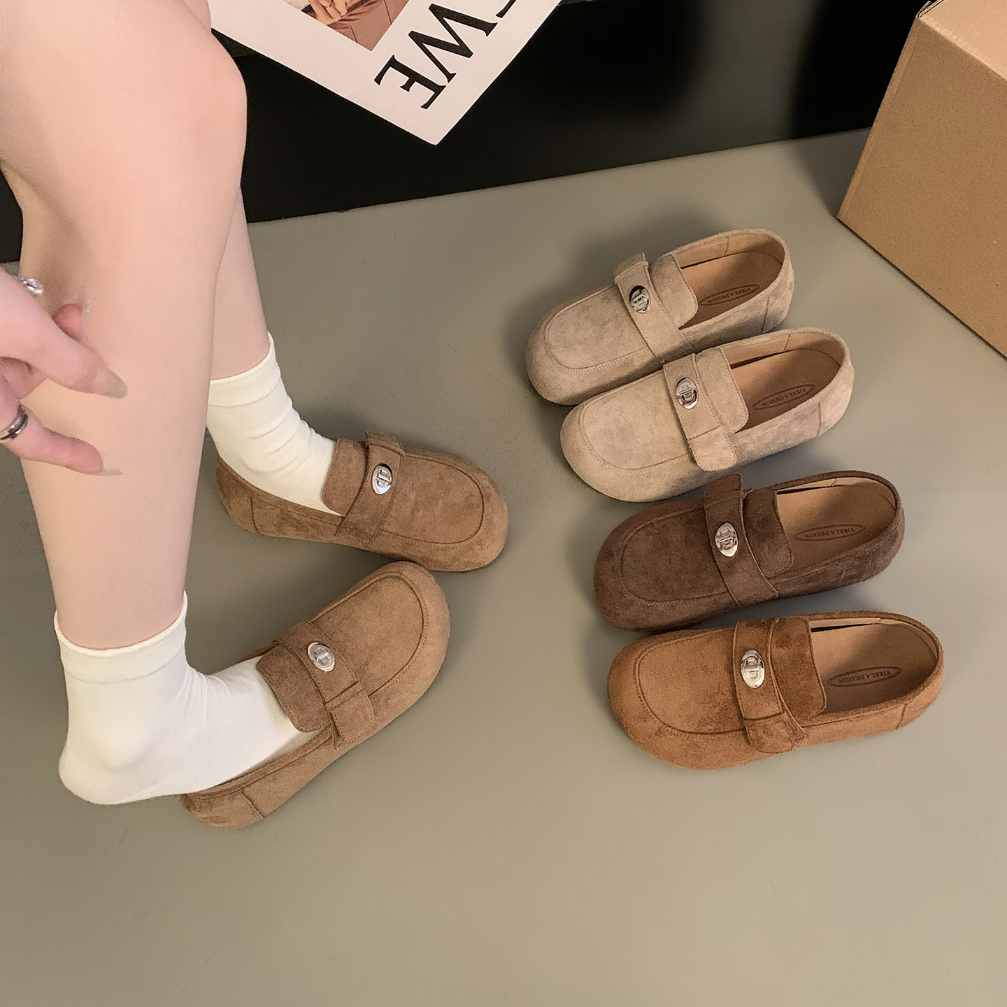 软底豆豆鞋女2026新款春季爆款一脚蹬女鞋百搭绒面乐福鞋平底单鞋,女鞋,勃肯鞋/软木鞋,淘宝优惠券,粉丝福利购,淘宝优惠卷
