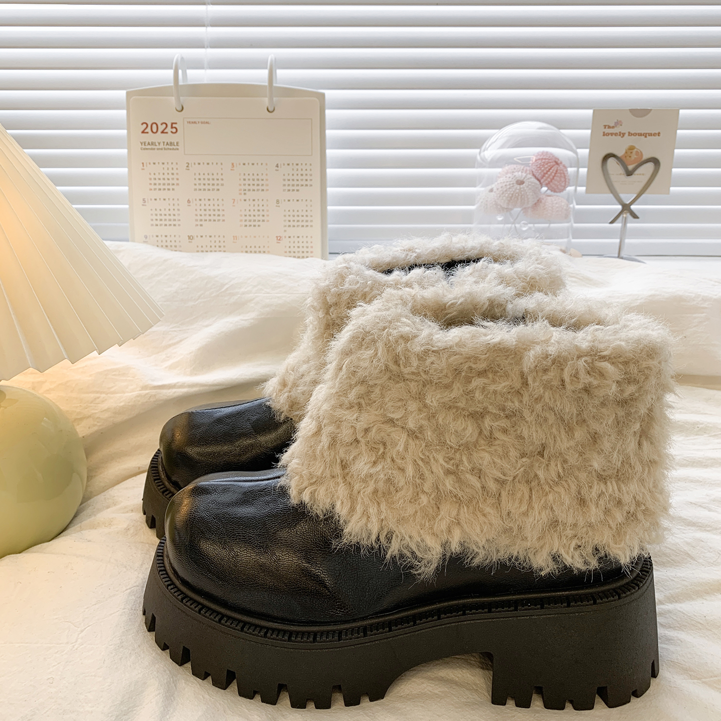 韩系加绒厚底毛毛高跟短靴女款秋冬棕色靴子2025新款棉靴