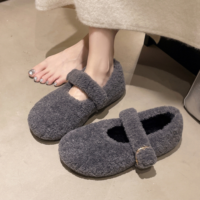 时尚复古风圆头一字扣毛毛玛丽珍鞋女2025秋冬新款仙女风温柔单鞋