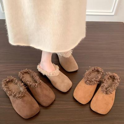 平底勃肯毛毛拖鞋女外穿一脚蹬包头加绒保暖秋冬季2025新款棉拖鞋