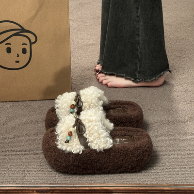 厚底增高毛毛拖鞋女外穿2025新款秋冬小个子洋卷毛加绒一字棉拖鞋