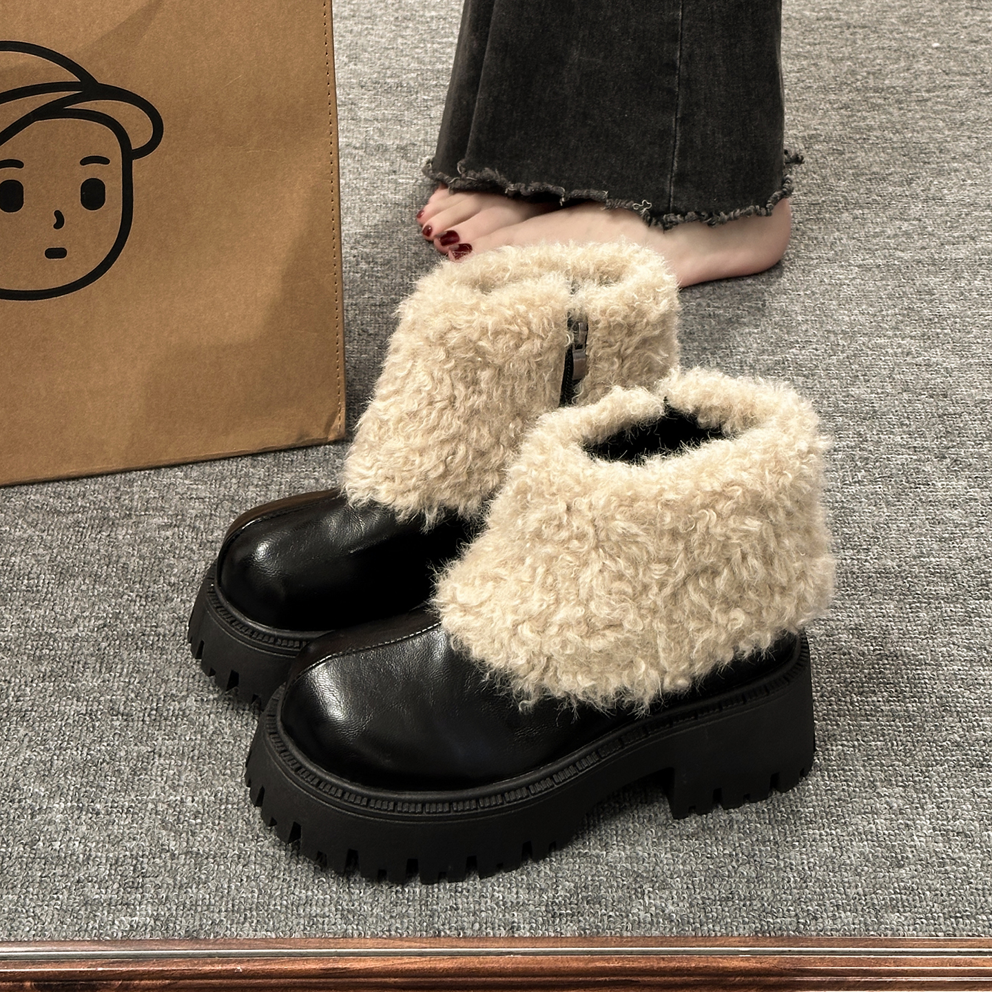 韩系加绒厚底毛毛高跟短靴女款秋冬棕色靴子2025新款棉靴