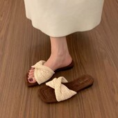 度假风气质坡跟凉拖鞋 厚底方头编织一字拖鞋 女夏外穿法式