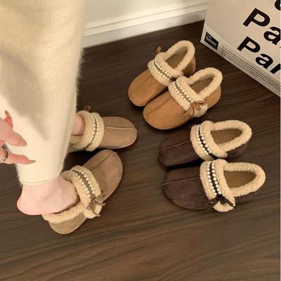 玛丽珍复古内增高加绒棉鞋女款2025新款冬季保暖勃肯鞋珍珠毛毛鞋