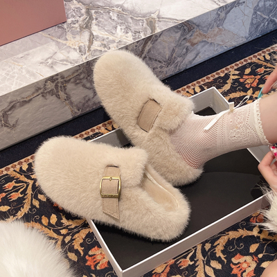水貂毛厚底勃肯包头毛毛拖鞋女外穿2025新款秋冬一脚蹬毛绒棉拖鞋