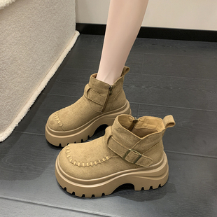 美拉德超火小短靴女松糕厚底鞋女2025新款秋季复古增高显瘦马丁靴