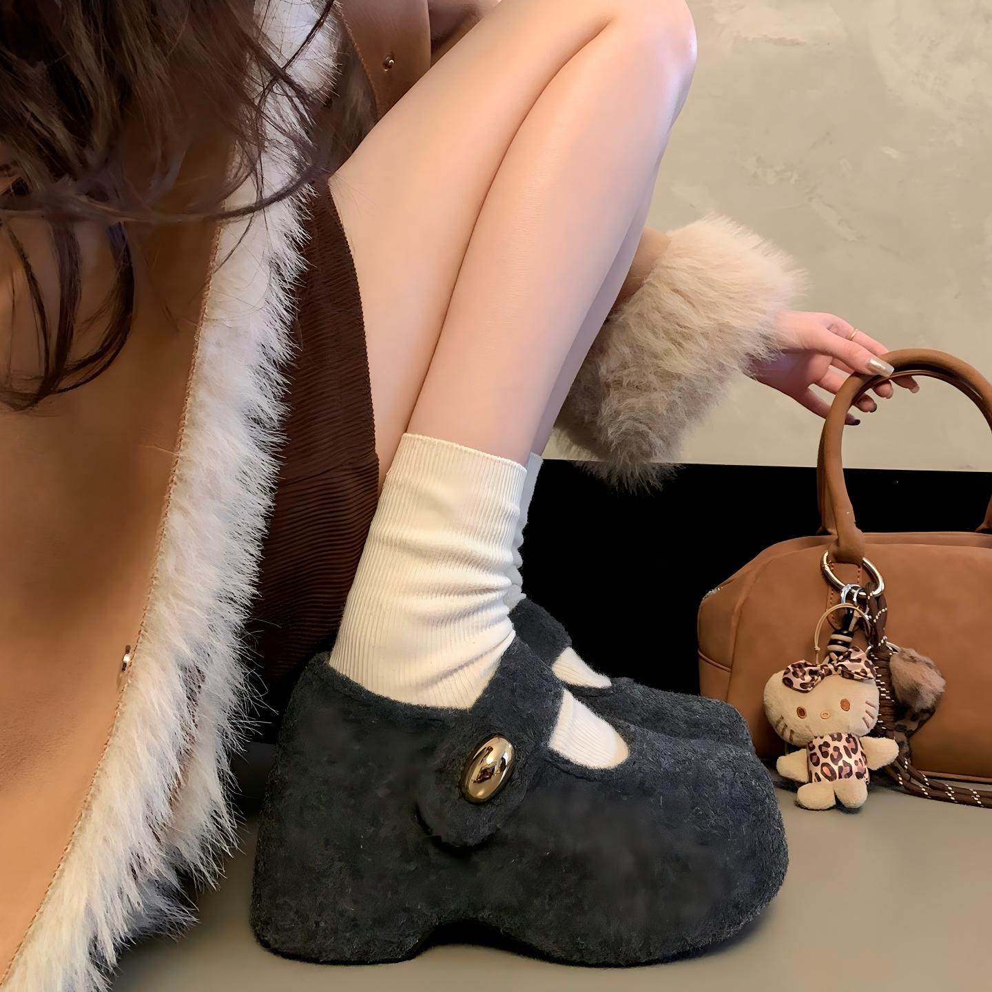 毛呢毛毛鞋玛丽珍魔术贴松糕鞋加绒卡皮巴拉小个子7cm增高勃肯鞋,女鞋,棉鞋,淘宝优惠券,粉丝福利购,淘宝优惠卷