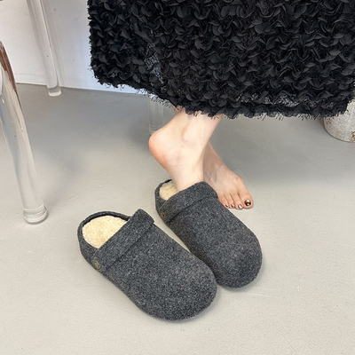 厚底增高勃肯鞋半拖鞋女2025新款冬季一脚蹬加绒豆豆灰色包头拖鞋