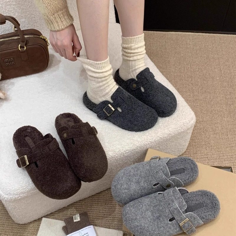 3CM~厚底灰色毛毛鞋勃肯鞋女半拖加绒保暖棉鞋包头拖穆勒呢子单鞋,女鞋,包头拖,淘宝优惠券,粉丝福利购,淘宝优惠卷