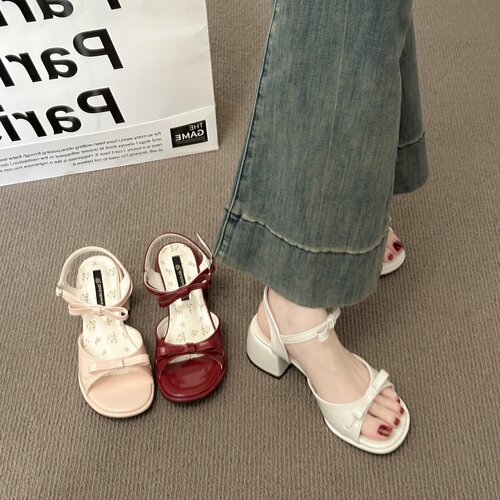 仙女风法式蝴蝶结粗跟凉鞋女2026夏季新款配裙子高跟小众时装凉鞋
