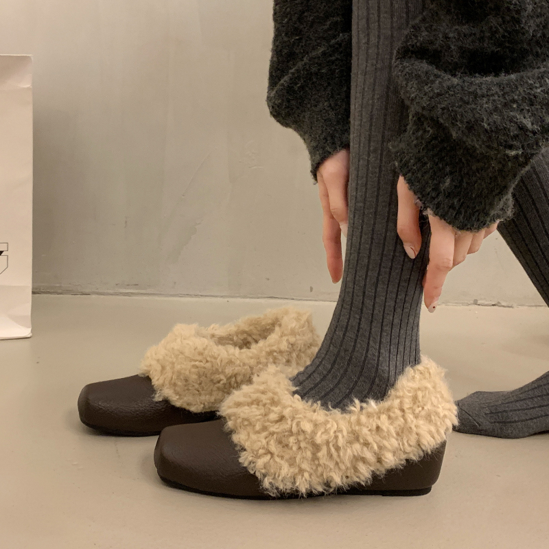 时尚方头毛毛鞋一脚蹬复古加绒保暖玛丽珍小皮鞋棉鞋粗跟休闲单鞋