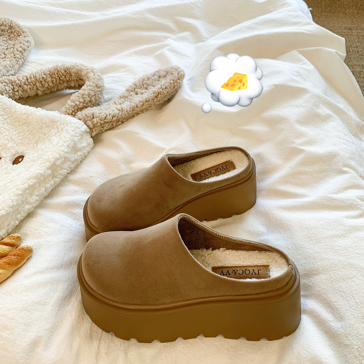 松糕厚底增高勃肯鞋女加绒包头半拖鞋外穿2025新款秋冬毛毛棉拖鞋