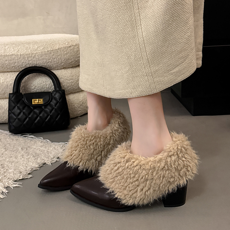 法式尖头毛毛鞋女加绒粗跟高跟鞋2025新款冬季小皮鞋保暖雪地棉靴