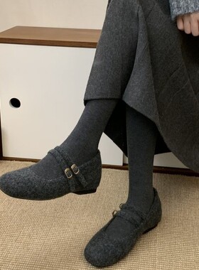 内增高灰色加绒毛毛鞋女鞋子外穿2025秋冬季配裙子晚晚玛丽珍单鞋