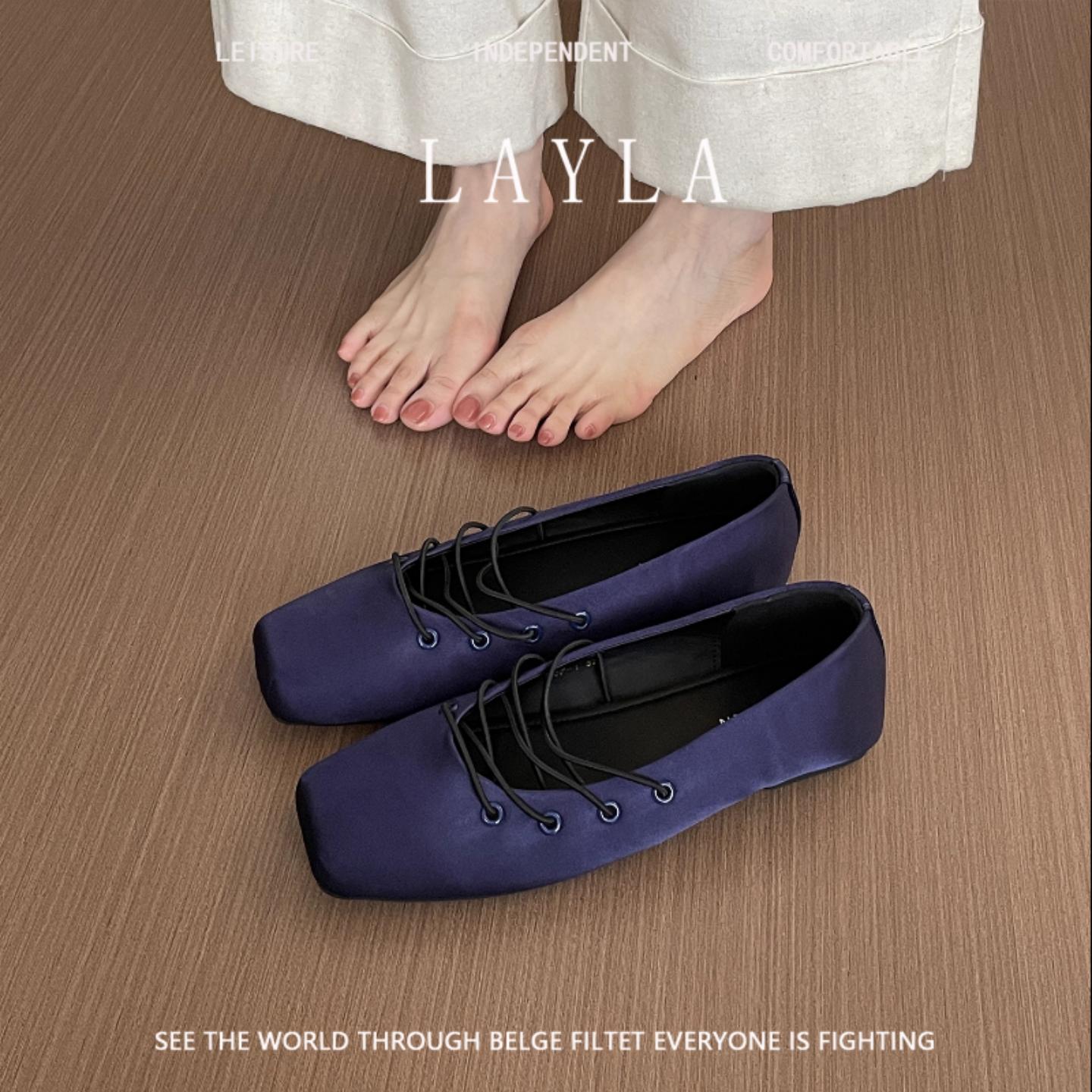 法式绝美巨好看配裙子不累脚的平底蓝色缎面芭蕾绑带玛丽珍单鞋女