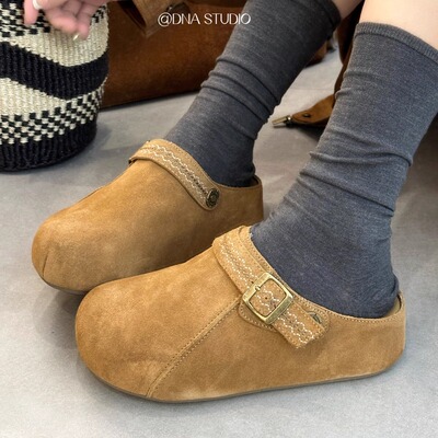 厚底勃肯鞋包头半拖鞋女外穿2025新款秋冬加绒爆款一脚蹬孕妇鞋子