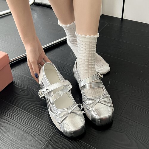 银色浅口单鞋女款复古蝴蝶结厚底增高休闲百搭芭蕾风玛丽珍运动鞋