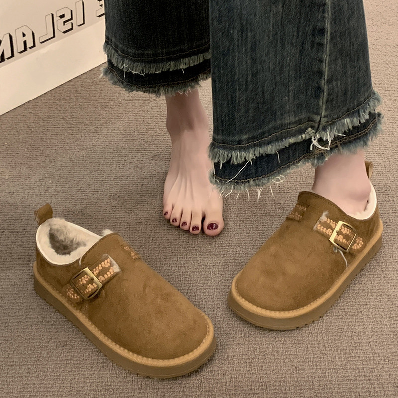 平底加绒保暖全包勃肯鞋女2025冬季新款加厚雪地靴毛拖棉鞋乐福鞋