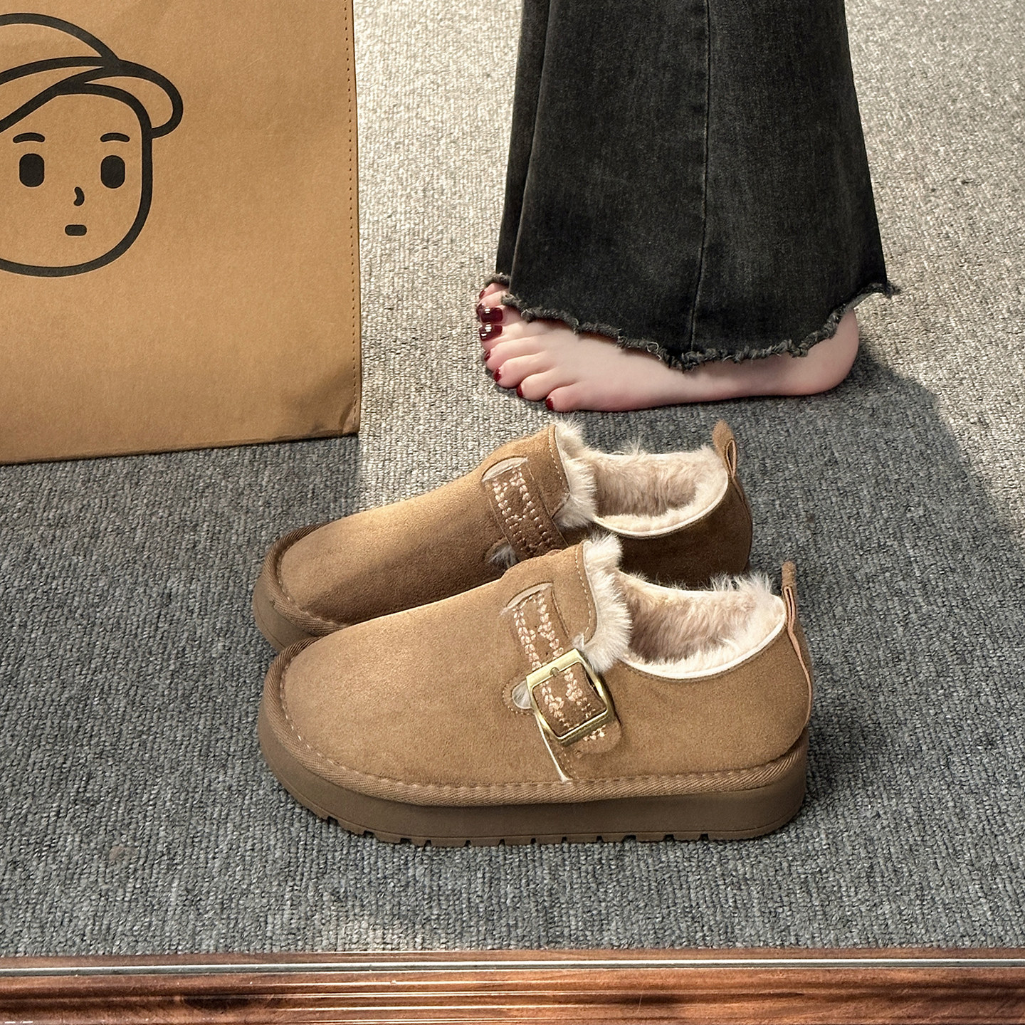 加绒勃肯鞋女2025冬季新款厚底一脚蹬软底豆豆鞋毛毛保暖雪地棉鞋,女鞋,棉鞋,淘宝优惠券,粉丝福利购,淘宝优惠卷