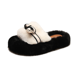 毛毛拖鞋女外穿2026新款春秋季白色兔毛毛鞋系带鞋松糕厚底棉拖鞋