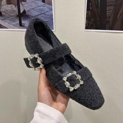 法式水钻玛丽珍毛毛鞋女2025冬季新款毛呢晚晚单鞋气质加绒高跟鞋