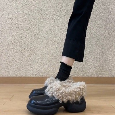 黑色粗跟小皮鞋女2025新款秋冬加绒保暖毛毛鞋玛丽珍一脚蹬高跟鞋