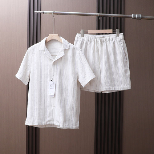 日系复古高级设计感夏季男士古巴领休闲短袖衬衫五分裤短裤套装潮