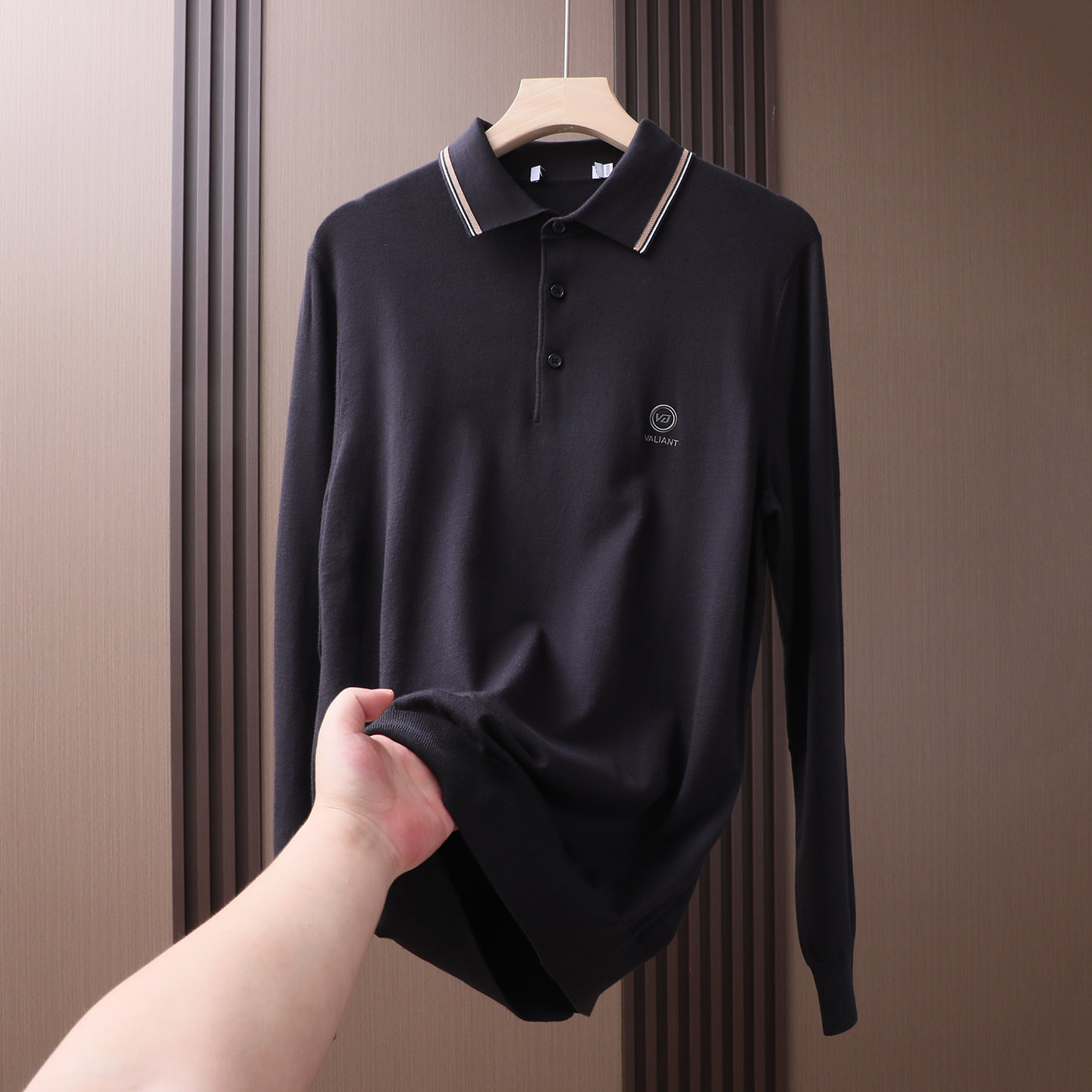 撤柜尾货撞色领商务休闲针织料翻领修身长袖上衣秋冬亲肤透气毛衫