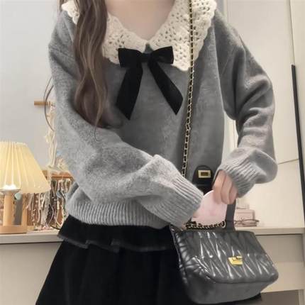 甜美设计感穿搭娃娃领毛衣女秋冬小个子温柔减龄慵懒风针织衫上衣