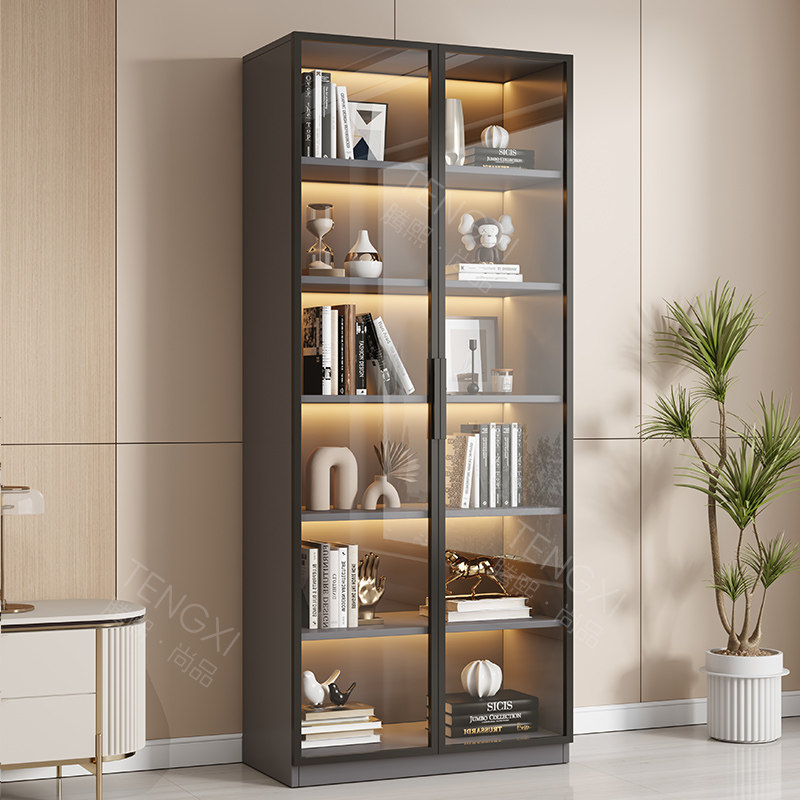 实木书柜现代简约玻璃门柜多层书架小户型客厅储物展示柜子包安装