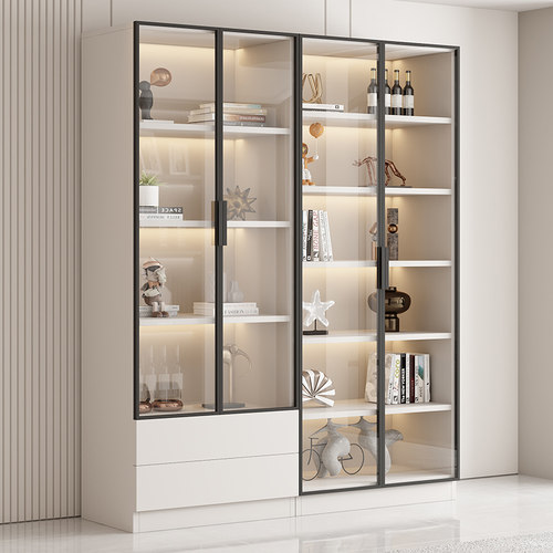 轻奢书柜带玻璃门客厅酒柜定制家用靠墙手办展示柜书架子一体组合