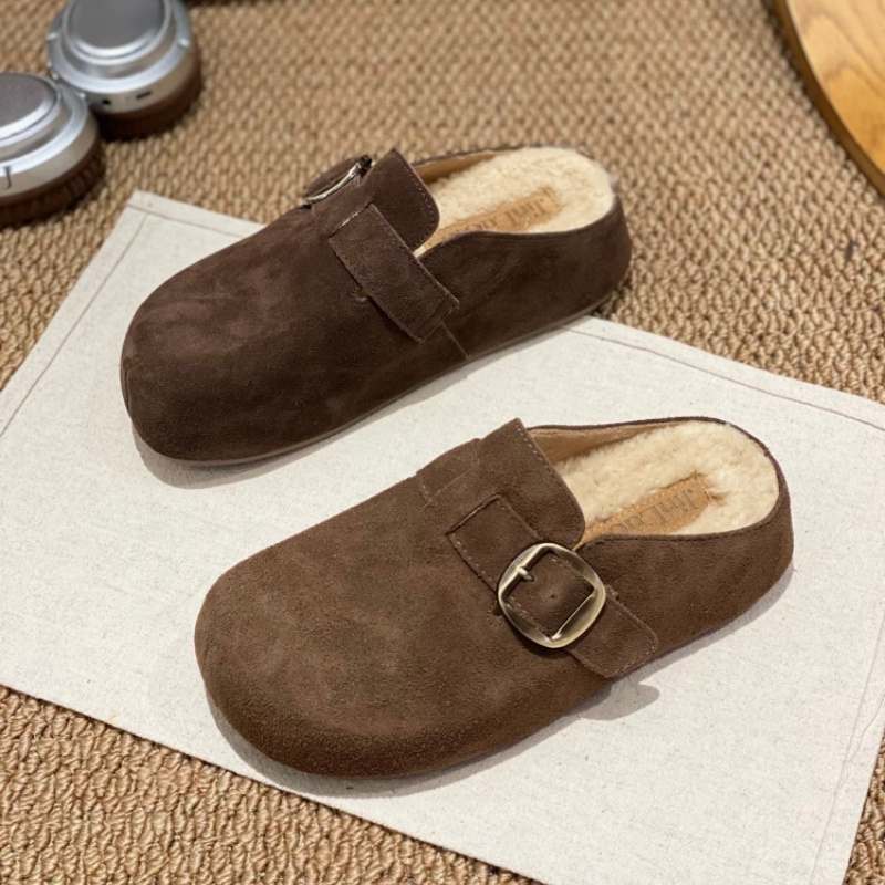 磨砂皮勃肯鞋女2025新款外穿半拖鞋一脚蹬皮带扣圆头舒适休闲鞋女