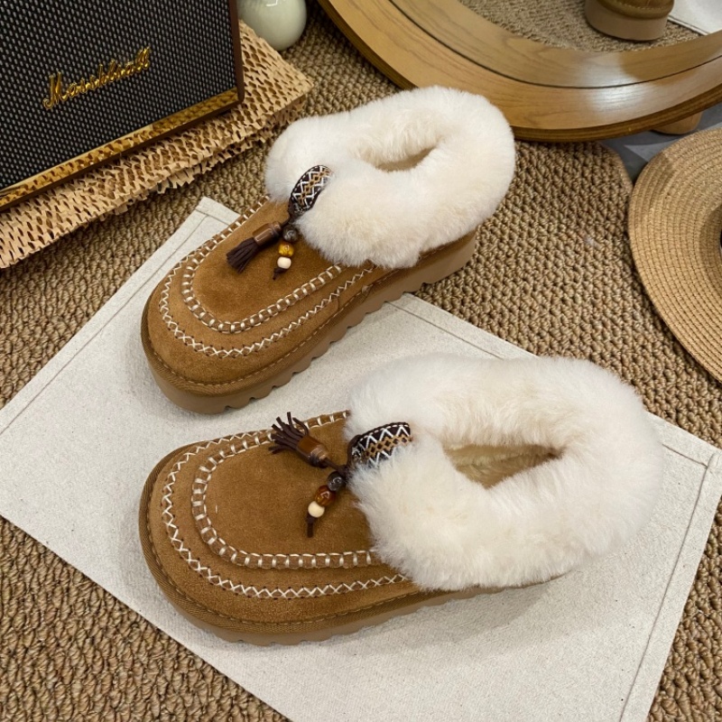 真皮反绒毛毛鞋女2025冬季加绒保暖流苏装饰加厚羊羔毛休闲棉鞋女