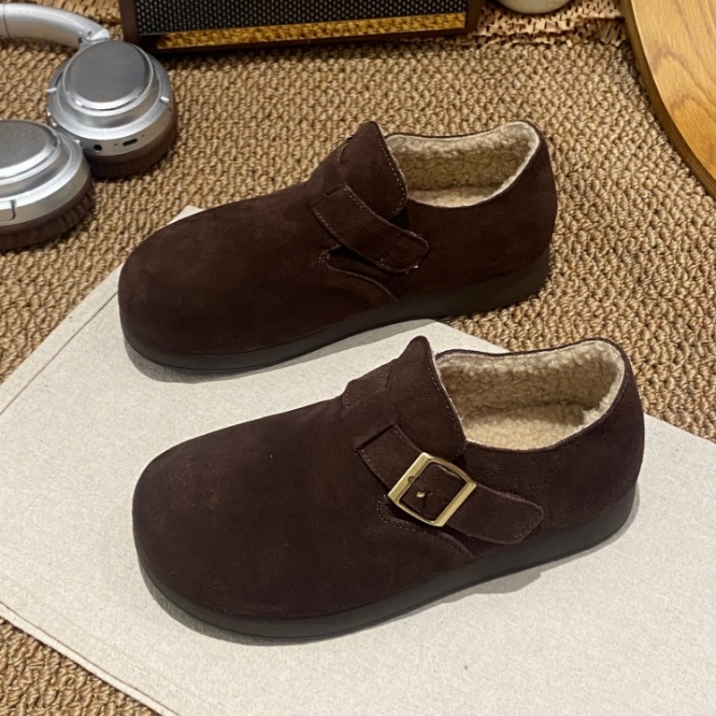 2025冬季新款勃肯鞋女加绒保暖皮带扣磨砂皮一脚蹬百搭舒适休闲鞋