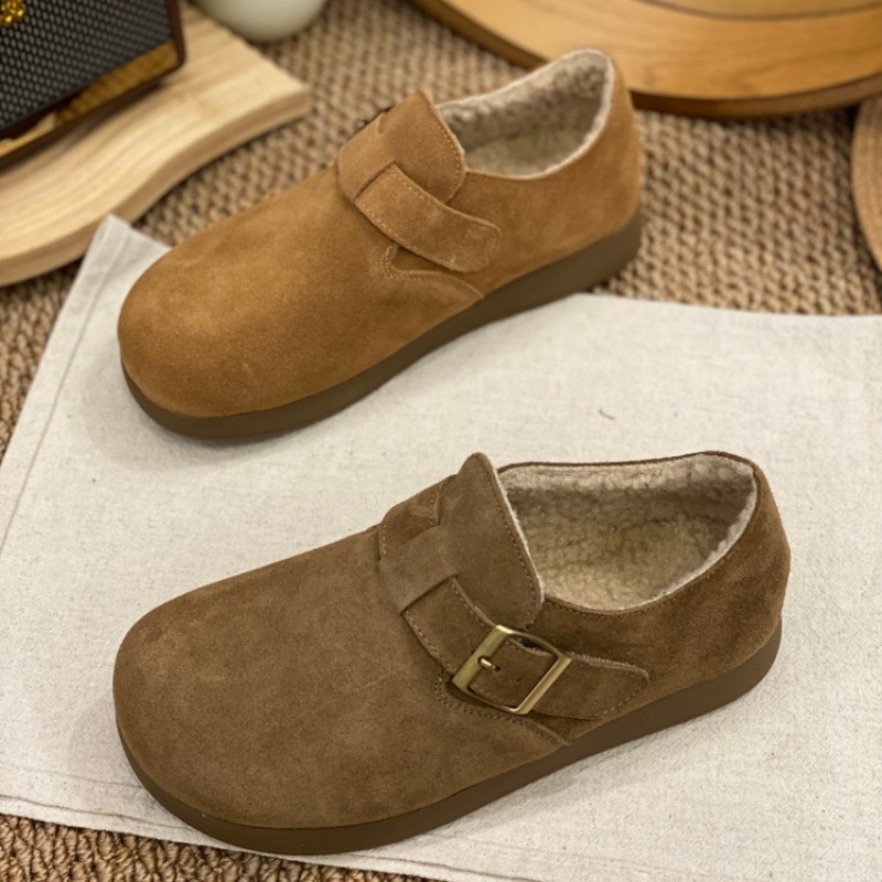 加绒勃肯鞋女2025冬季新款磨砂皮带扣软底羊羔毛舒适保暖毛毛棉鞋