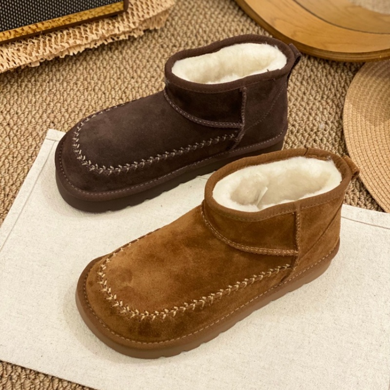 2025冬季新款磨砂真皮反绒雪地靴一脚蹬加绒保暖防滑厚底短靴棉鞋