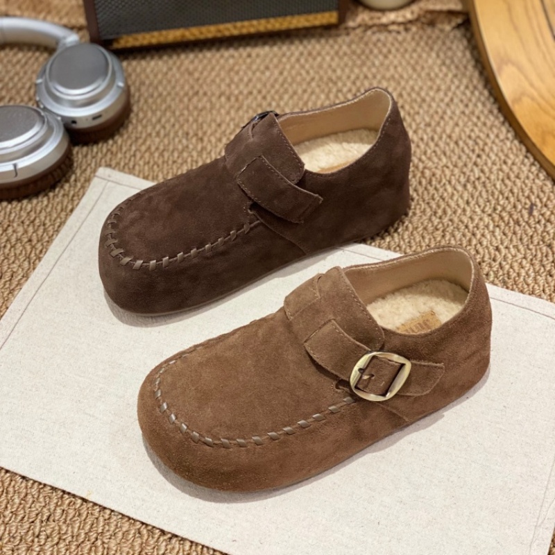 勃肯鞋女2025新款反绒皮圆头牛反绒平底休闲百搭舒适皮带装饰鞋女