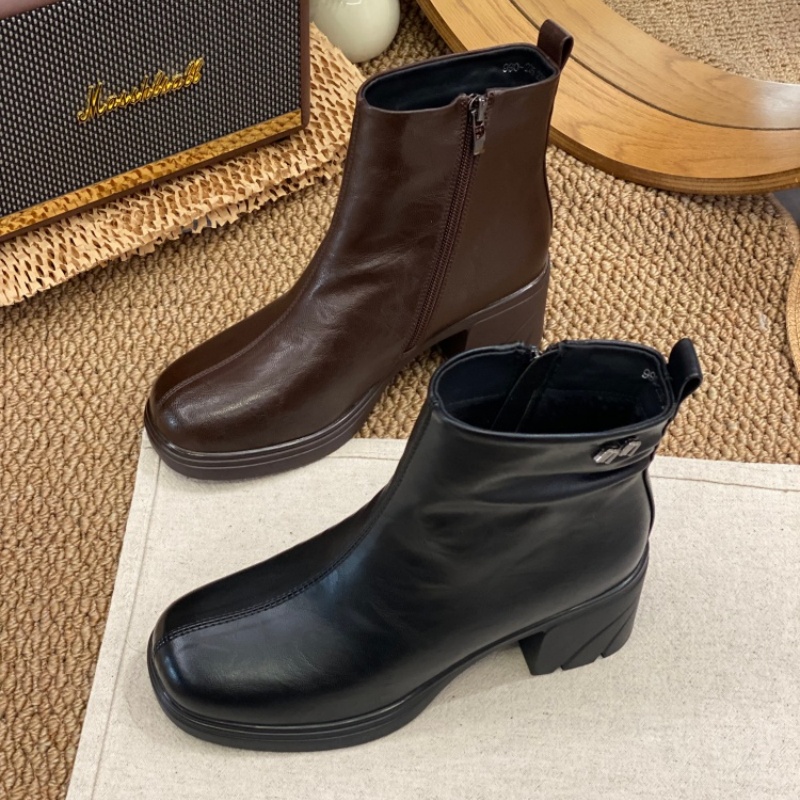 英伦风马丁靴女2025新款软皮侧拉链短筒粗跟圆头百搭显瘦舒适短靴