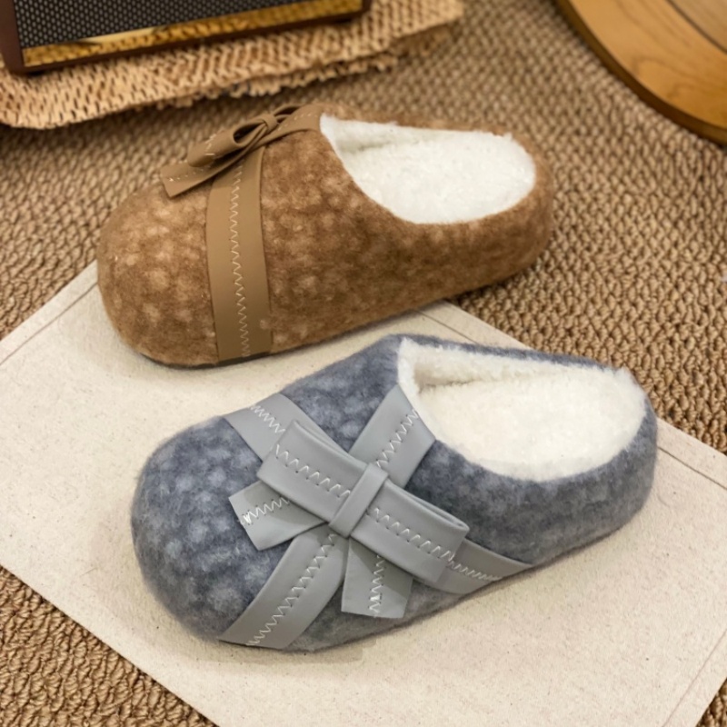 2025毛绒勃肯鞋女冬季新款外穿蝴蝶结羊羔毛一脚蹬保暖厚底懒人鞋