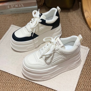 百搭板鞋 防滑橡胶圆头系带休闲运动鞋 女 女2025新款 厚底增高小白鞋