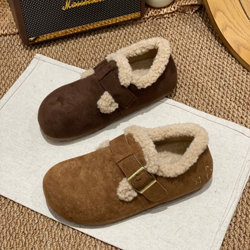 加绒勃肯鞋女2025冬季保暖一脚蹬懒人平底圆头毛绒软底休闲棉鞋女