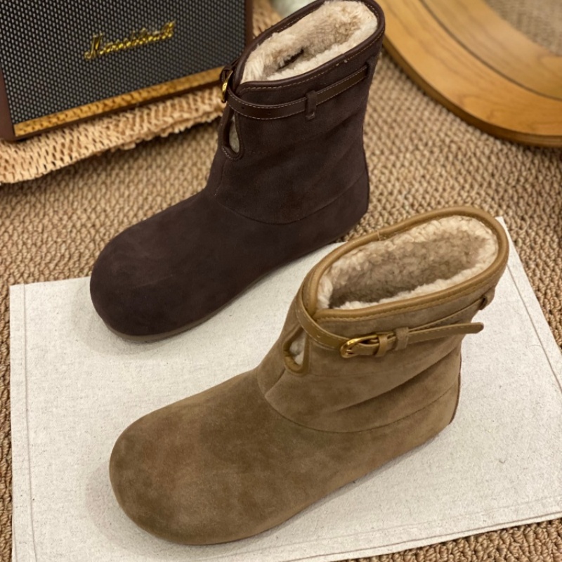 毛绒勃肯鞋女2025冬季加绒雪地靴毛毛短靴舒适磨砂保暖皮带扣棉鞋