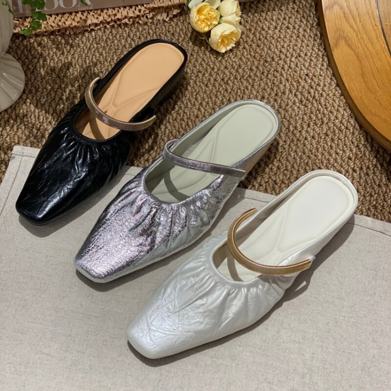 休闲风尖头粗跟单鞋女2026夏季新款一脚蹬浅口简约褶皱设计百搭女